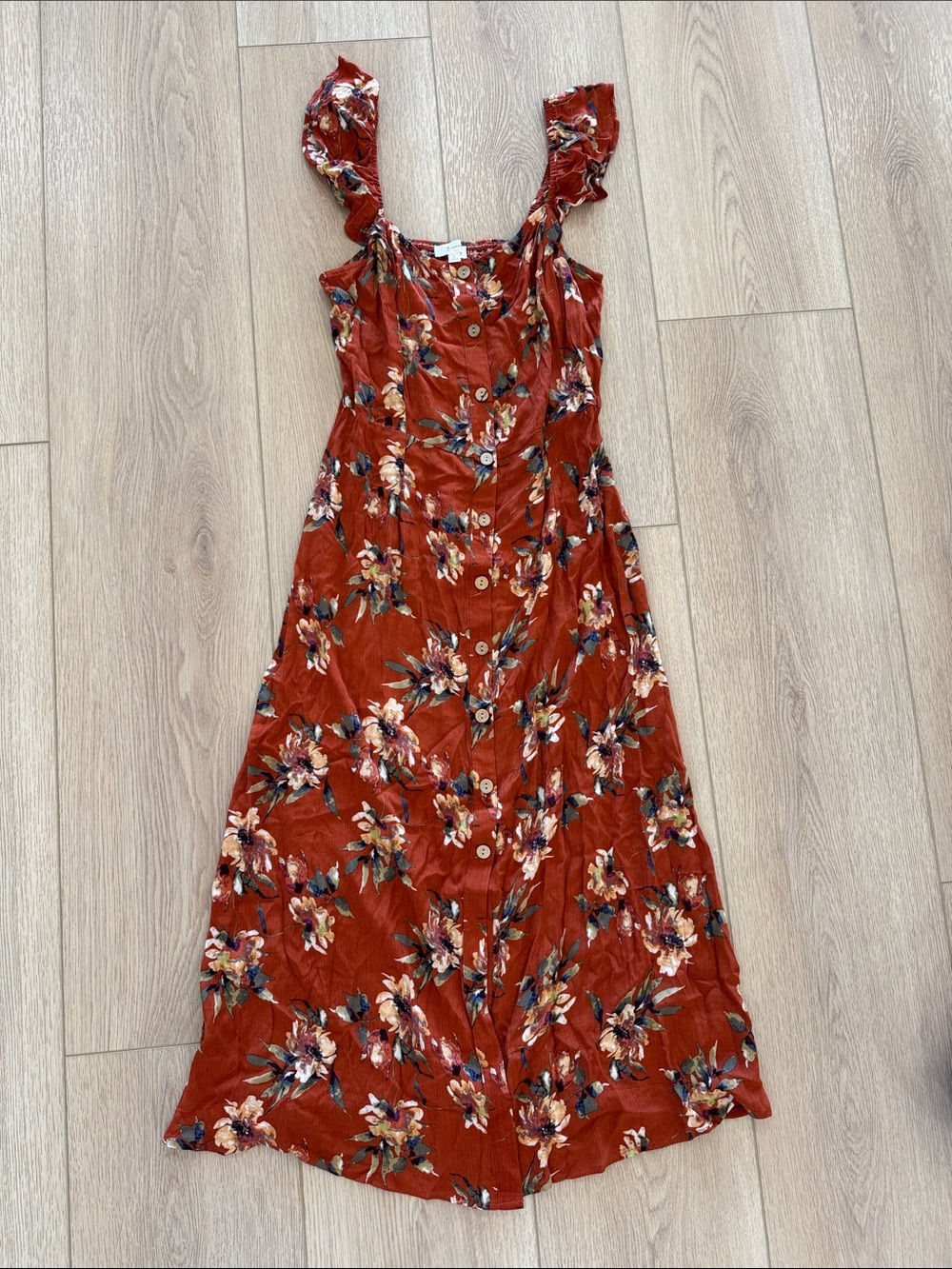 Rust Floral Button-Front Maxi Dress with Ruffle Straps